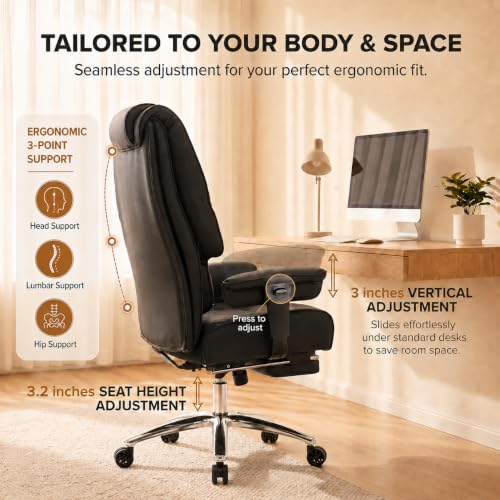 DJ.Wang Big and Tall Office Chair 400lbs, 23" Extra Wide Seat Executive Chair with Footrest, Heavy Duty Metal Base High Back Desk Chair with Lumbar Support & Adjustable Armrests, PU Black - Image 7