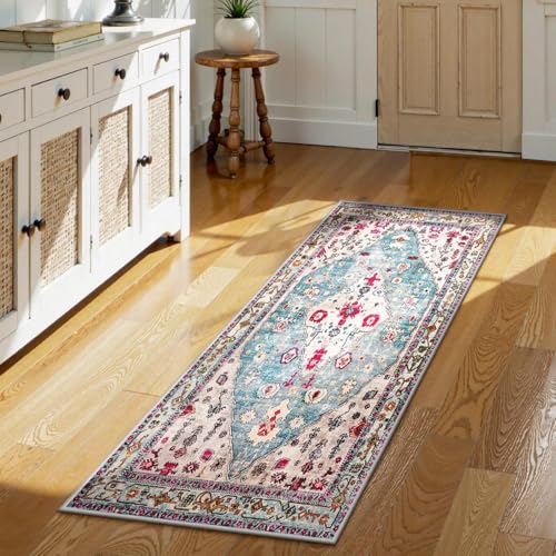 Lahome Felice Boho Tribal Runner Rug, 2x4.3 Blue Hallway Runners Rug Small Bathroom Rugs, Oriental Soft Machine Washable Non Slip Bedside Carpet Runner for Bedroom Entrance Kitchen Laundry 2