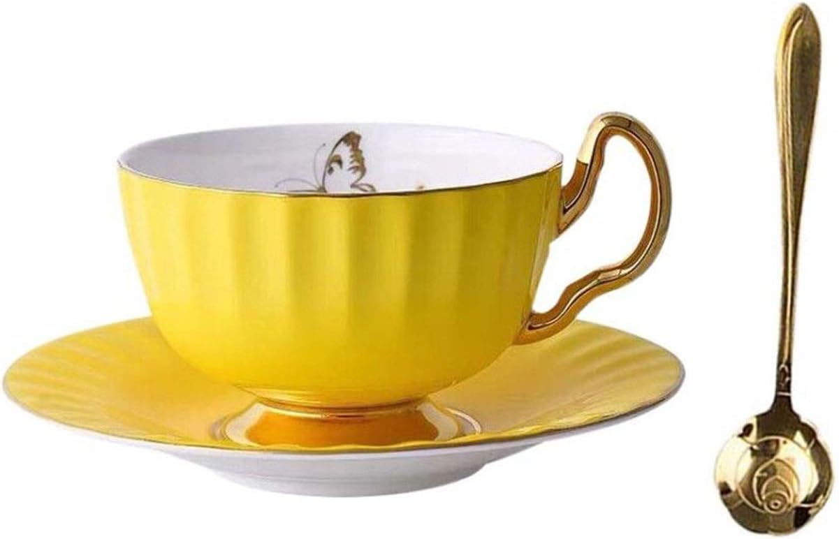 Bone China Cup and Saucer Set Ceramic Tea Coffee Cup for Breakfast Afternoon Tea - Butterfly and Elegance Series (Yellow)
