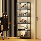 BRIGHTORIA 5-Tier Clear Display Cabinet with Flip Acrylic Doors, Collectibles Toy Books Showcase Organizers Storage Rack, 68' Tall Bamboo Standing Display Case for Playroom Bedroom, Grey