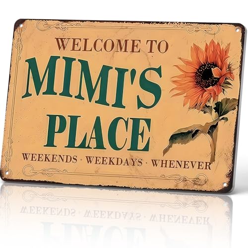 Welcome To Mimi's Place Orange Sunflower 8x12 Inch Aluminum Metal Sign - Personalized Grandma Name Decor for Home, Porch, Living Room, Grandma's House - Retro Tin Sign Gift for Grandmothers & Family