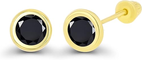 Miniatura 2 de Aretes de tuerca de oro macizo de 14 quilates, hipoalergénicos, de 0.157 in, con bisel de piedra natal auténtica, con cierre de tornillo