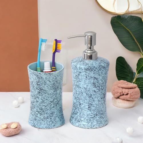Image of Hand-Painted Ceramic Bathroom Accessories Set of 2 | 300ml Liquid Soap Dispenser & Toothbrush Holder | Rust-Proof Bathroom Organizer for Home & Wash Basin Decor | Blue
