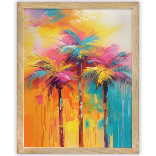 Miami Dream-Abstract Sunset Glow Painting 11x14 Framed Poster-Beach House Art with Coconut Trees-Tropical Decor for Living Room, Bedroom, Bathroom-Vibrant Coastal Summer Sunset-South Inspired Wall Art