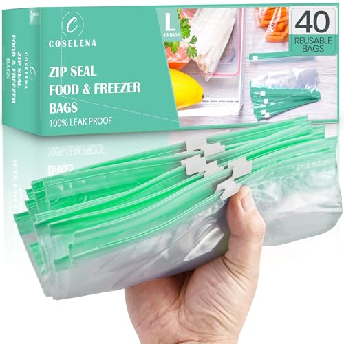 Coselena 40 PCS Reusable Zip Lock Bags Quart Size (1L) - Airtight Slider Freezer Bags for Freshness & Leak-Proof Food Storage, Durable Zip Seal Bags for Fruits, Vegetables, Meat, Sandwich Bags