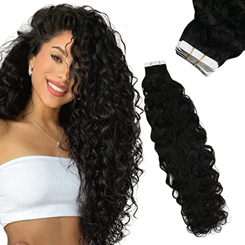 Sunny Hair Tape in Extensions Wave 14inch Natural Black Double Sided Tape in Hair Extensions Remy Human Hair Natural Wavy Tape in Real Hair 20pcs 50g