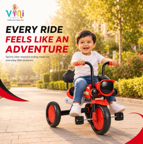 Image of GXR Tricycle for Kids 2 to 5 Years | Baby Cycle 2 to 5 Years | Baby Tricycle & 3 Wheeler Cycle for Kids with LED Headlight, Rhyme Music, EVA Wheels, Backrest & Steel Frame (Red)