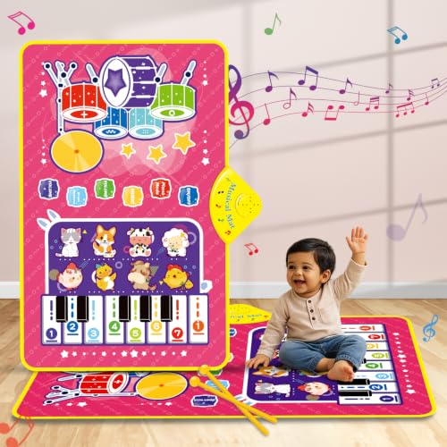 Image of 3-in-1 (Cat & Unicorn) Piano Mat for Toddlers, Piano & Drum Mat with 2 Sticks, Featuring Animal, Piano Sounds, Educational Toy for 12 Months+,Ideal for 1-3 Year Toddler - Pink