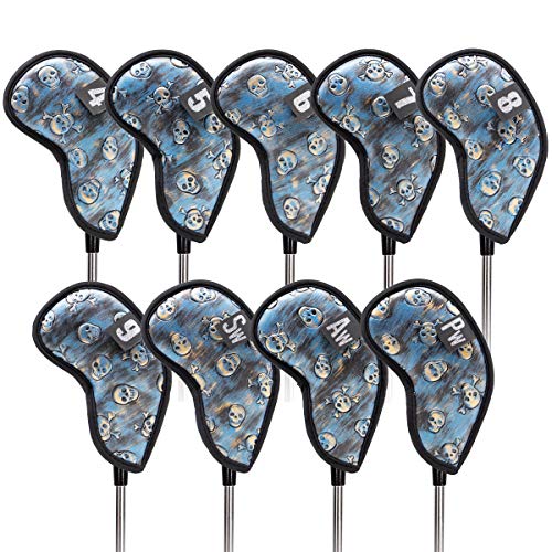 Golf Iron Cover 9pcs,Golf Iron Head Covers Leather Golf Iron Covers Skull Golf Iron Headcovers,Golf Club Head Covers for Iron with Magic Tape Fit All Brands,Golf Iron Cover 9pcs(4~9,PW,AW,SW) Blue