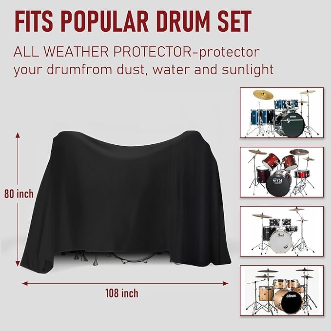 Image of MUTMAIN Drum Set Dust Cover Waterproof Dustproof Protective Cover Suitable for Most Drum Frames with Weighted Angles and Sewing Rings High Density Oxford Cloth 108 inchL x 80 inchW Black