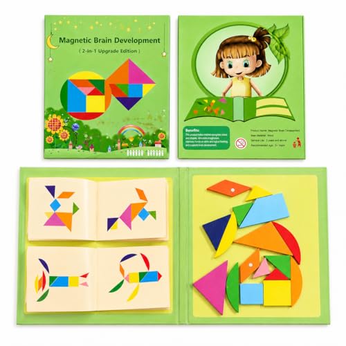 Image of Magnetic Tangram Puzzle for Kids, Wooden Educational Puzzle Toy, Toys for 4-10 Years Montessori Puzzle Game, Educational STEM Activity Book (17 pcs Tangram)