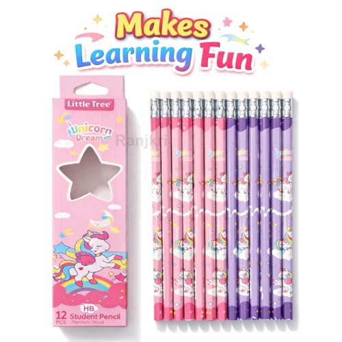 Image of Unicorn Dream HB Pencil Set for Kids (12 Pcs) | Cute Printed Wooden Student Pencils with Eraser | Dark Smooth Writing, Break Resistant Lead | School Stationery Gift Return Gifts for Girls Boys