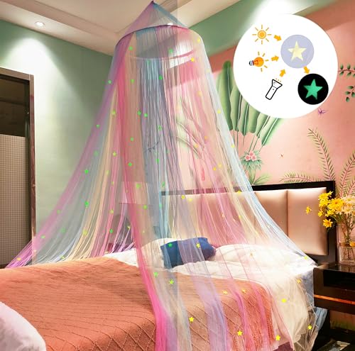 Image of Rainbow Bed Canopy Mosquito Net, Princess Bed Canopy for Girls Room Decor or Unicorn Theme Party(Rainbow,with Stars Glow in the Dark)