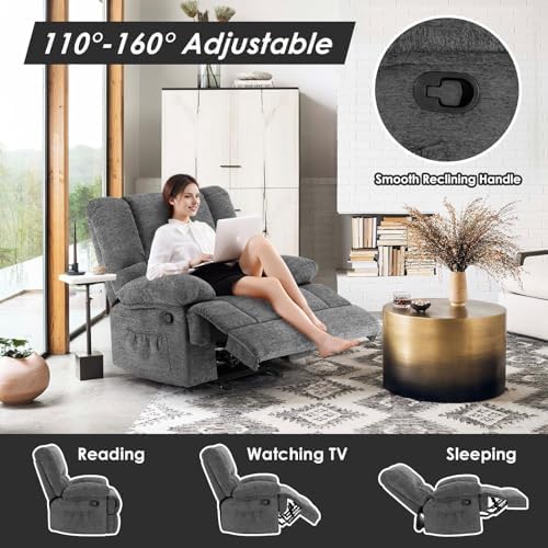 Image of Oversized Rocker Recliner Chair for Adults, Wide Rocker Chair with Adjustable Backrest Footrest, Oversized Reclining Sofa for Living Room, Bedroom, Gray