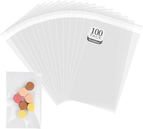 Paquete de 100 bolsas de celofán transparentes de 4 x 6 pulgadas, bolsas de celofán autosellantes, bolsas de plástico para violonchelo para regalos