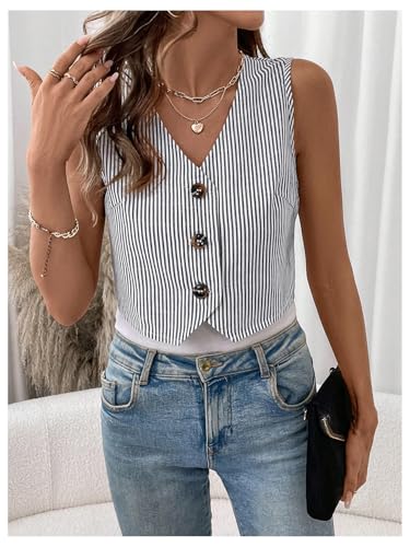 GORGLITTER Women's Linen Button Down Vest Top Sleeveless Waistcoat Business Casual Shirt4
