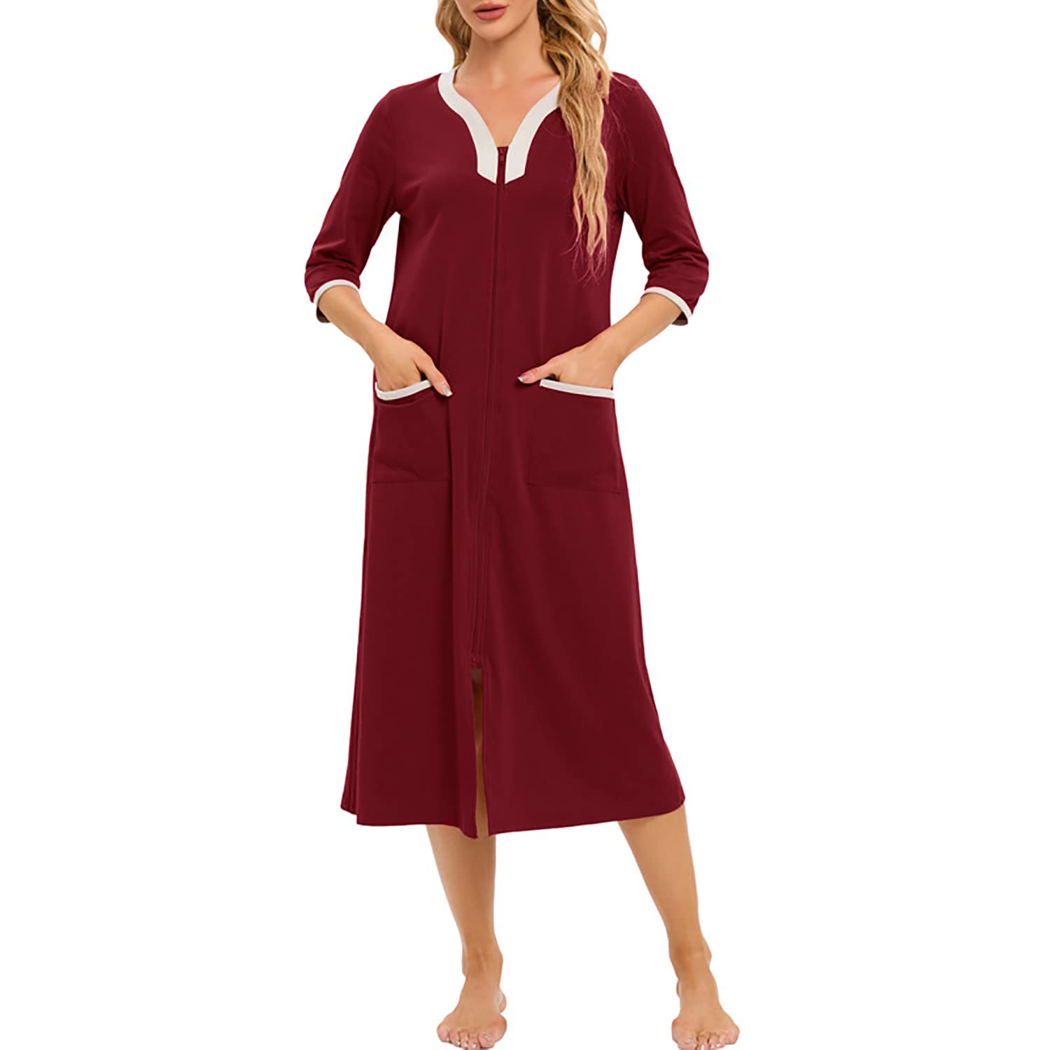 Citridarll Women's Zipper Robes Full Length Nightgown Short Sleeve Housecoats House Dress with Pockets Loungewear,Wine Red,L