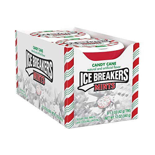ICE BREAKERS, Candy Cane flavored, Sugar Free Breath Mints, Christmas Mint Candy, 1.5 oz, Tin, Pack of 8