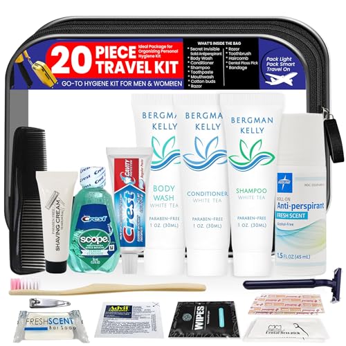 Trektote Travel Toiletry Kit For Men And Women – 20 Piece Set of Travel Size Toiletries, TSA Compliant, Travel Essentials, Includes Shampoo And Conditioner, Body Wash, Oral Care, Toiletry Bag & More