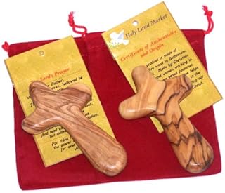 Two Olive Wood Olivewood Comfort Holding Hand Crosses with Gift Bags (with Red or Black Velvet Bag) and a Prayer Card + Certificate.