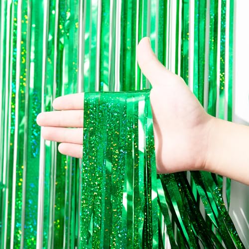 Image of Voircoloria 2 Pack Laser Green Tinsel Foil Fringe Curtains, Green Party Decorations, Metallic Tinsel Party Streamers Backdrop for Birthday Baby Shower St Patrick's Day Christmas Party Decorations