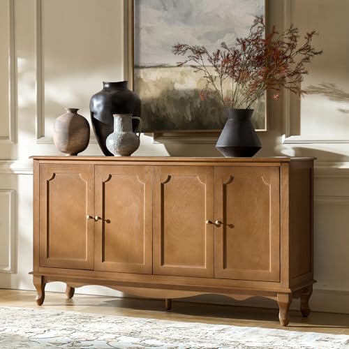 HULALA HOME Sideboard Buffet Cabinet with Storage, 58" Kitchen farmhouse Wood Credenza Storage Cabinet with 4 Doors and 2 Shelves, Accent Console Table with Solid Wood Legs & Adjustable Shelves, Acorn