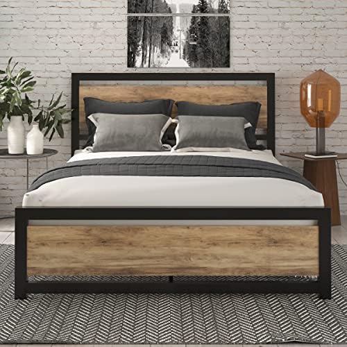 SHA CERLIN Full Size Metal Platform Bed Frame with Wooden Headboard/Heavy Duty Bed Frame with 13 Strong Slats Support/Large Storage/Mattress Foundation/Noise-Free/No Box Spring Needed, Brown