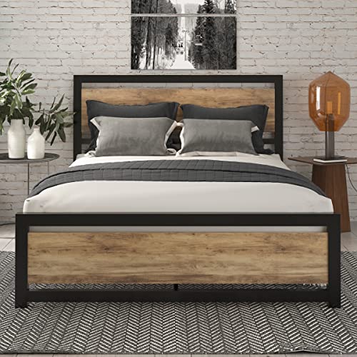 Sha Cerlin Full Size Metal Platform Bed Frame With Wooden Headboard/Heavy Duty Bed Frame With 13 Strong Slats Support/Large Storage/Mattress Foundation/Noise-Free/No Box Spring Needed, Brown #TOP18