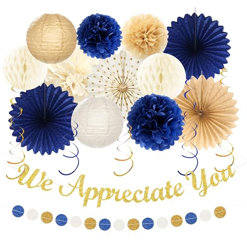 Vlipoeasn Blue Gold We Appreciate You Paper Decorations - Thank You Kits with Glitter Banner Paper Fans Pompoms Lanterns for Ceiling Decor for Staff Teachers Professors Doctor Nurses Appreciation
