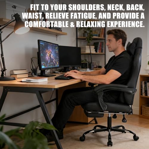 Image of Gaming Chair with Footrest and Massage Lumbar Support, Ergonomic Computer Gamer Chair, Office Video Game Chairs with Adjustable Height and Backrest (Black)