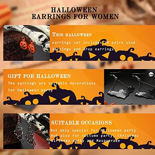 Finrezio 28 Pairs Halloween Stud Earrings Drop Dangle Earrings Halloween Earrings Sets for Women Girls Pumpkin Black Cat Spider Earrings Halloween Jewelry
