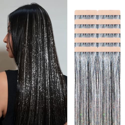 MAXITA Tape in Hair Extensions Human Hair, Glitter Hair Tinsel Tape Ins