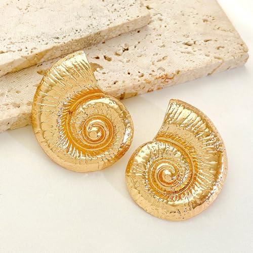 Boho Gold Conch Shell Statement Earrings for Women Trendy, Charm Large Conch Seashell Swirl Drop Studs Earring Round Holiday Beach Jewelry Gift 20254