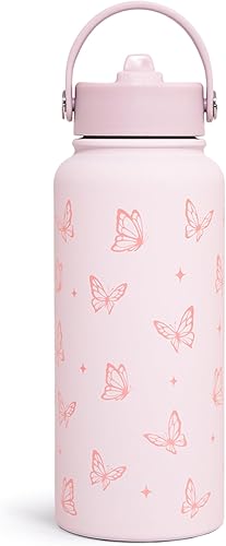 Miniatura 8 de SANDJEST Botella de agua con arco rosa de acero inoxidable aislada al vacío de 32 onzas con tapa, regalos para mujeres, niñas, adolescentes, Lazo