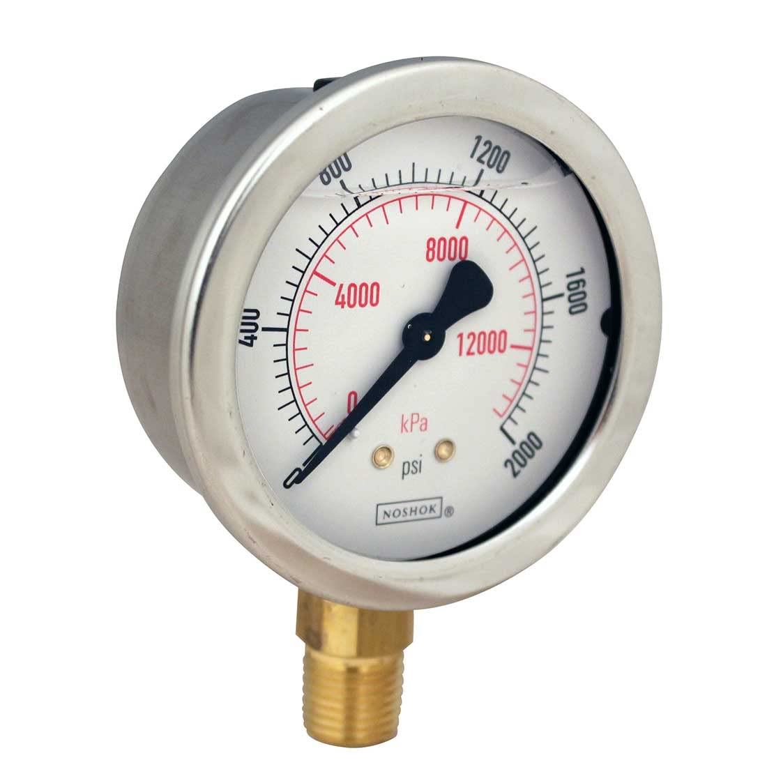 Pressure Gauge, 2.5" 304SS Case, Copper Alloy Internals, 2000 psi/kPa, 1/4 NPT Male Bottom Conn, Glycerin Filled