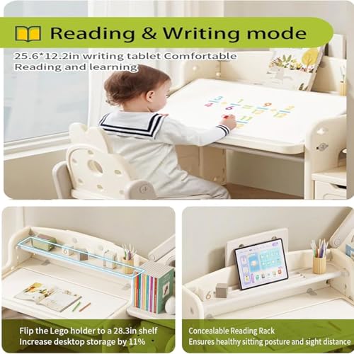 Image of Kids Study Table with Chair Height Adjustable 5 to 12 Years Boys Girls Student Study Desk Chair Combo Children for Home Reading (Grey White, 4in1 Table and Chair)