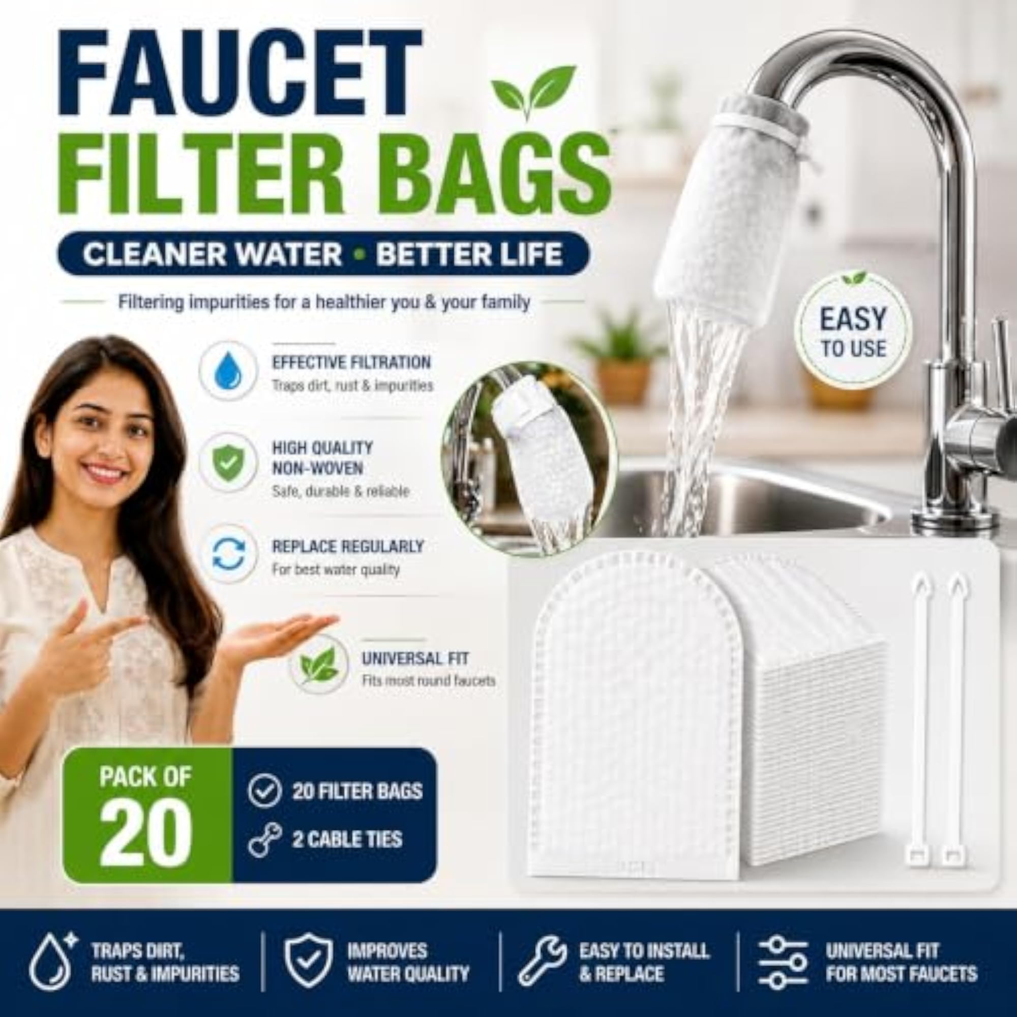 Faucet Water Filter Pads Set with Cable Ties