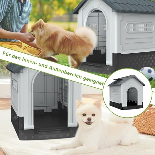 UISEBRT Hundehütte aus Kunststoff, isoliertes Hundehaus mit Schiebedach, Oberlicht und erhöhtem Boden, Hundezwinger Hundekäfig Haustierhaus für Drinnen und Draußen, 79,5 x 70,5 x 78 cm