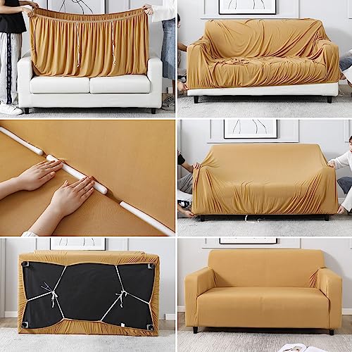 Image of HOKIPO Elastic Stretchable 4 Seater Sofa Cover, Sand Brown (AR-4280-E5)