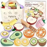 Beberolen Kinderküche Spielküche Zubehör aus Holz, Küchenspielzeug Holz Obst zum Schneiden, Lebensmittel Holzspielzeug Küche, Schneideobst mit Tragetasche, Pädagogisches Geschenk für Jungen Mädchen