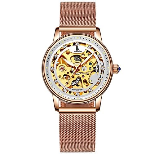 Alienwork Automatikuhr Armbanduhr Damen Roségold Metall Mesh Armband Edelstahl Weiss Skelett Glasboden