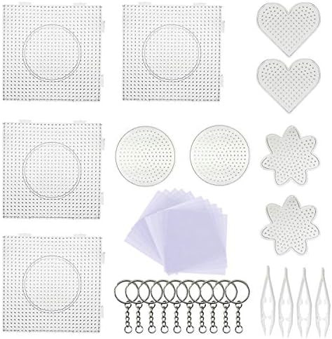 Allazone 5 mm 10 Pack Fuse Beads Boards, Large Round Square Clear Plastic Pegboards with 6 PCS White Beads Tweezers, 10 PCS Ironing Paper and Keychain for Kids Craft Supplies