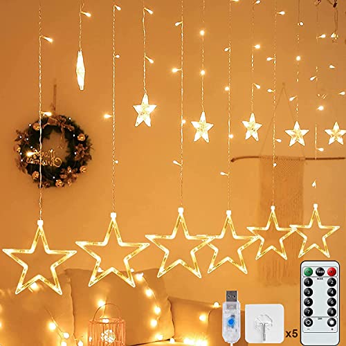 Luci Stelle Tenda, Luci Natale Stelle Tenda Catene luminose con Sfere 12 Stelle LED Stringa di Luci con USB, 8 Modalità con Telecomando Natale Luci per Tende decorazione per interni ed estern