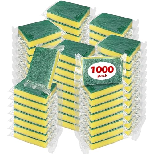 Image of 1000 Pack Individually Wrapped Sponges for Cleaning Dishes - Bulk Case of Small Mini Kitchen Scrub Non-Scratch Scrubbers