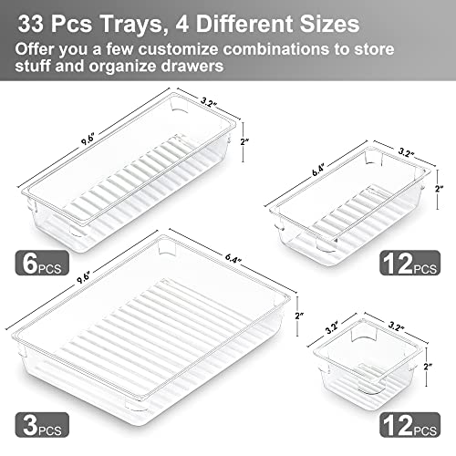 CHEFSTORY 33 PCS Clear Drawer Organizers Set, 4 Sizes Plastic Vanity Desk Drawer Organizers Trays and Storage Bins with Non-slip Silicone Pads for Makeup,Bathroom and Kitchen - Image 3