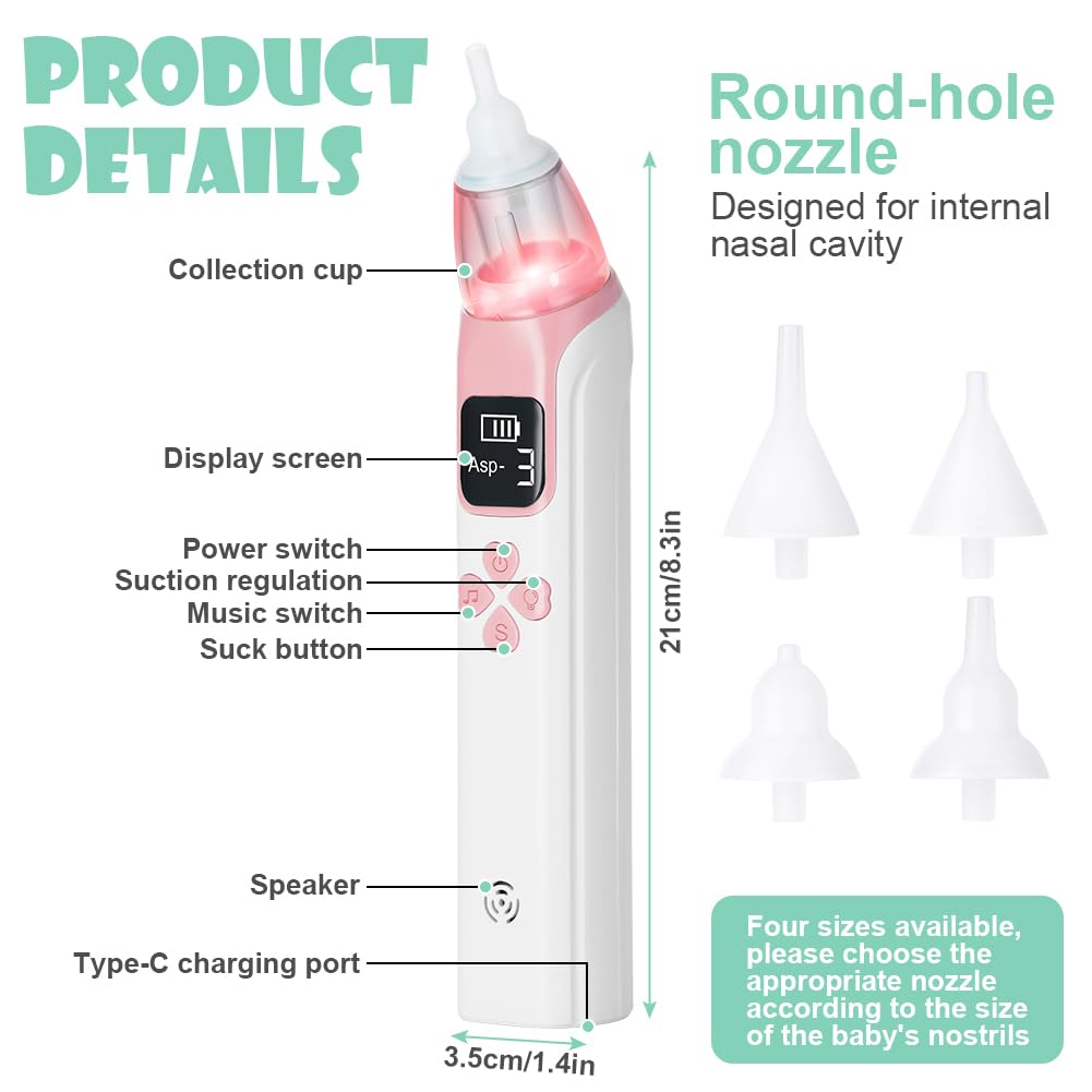 URAQT Nasal Aspirator Baby, Electric Baby Nose Sucker with 4 Silicone Tips Nose - Image 2