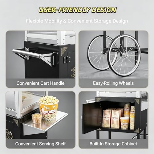 Image of 30oz Commercial Popcorn Machine Vintage Black Pop Corn Popper Cart | 30OZ Non-stick Stainless Steel Kettle, 3-Switch Control, Home Theater Style for Movie Night, Party, Office, School, Business
