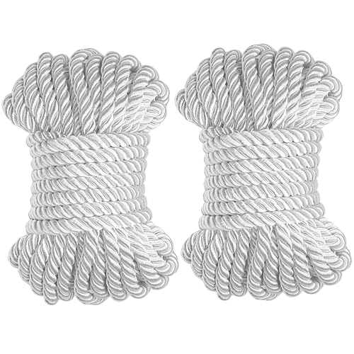 2pcs Silk Rope, Soft Strong Braided Twisted Japanese Cord Kit, 32.8 Feet (10m) L, 0.24 Inch (6mm) Dia, Thread Shiny Solid Twine String for Bandage Play Knot Tying Practice Adults All Purpose (White)