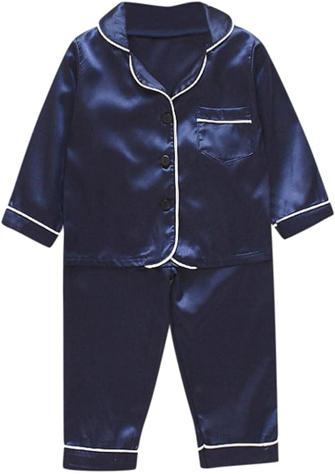 Pajama Set for Kid Baby Boy Girl Button-up Silk Pajama Sleepwear Nightwear Loungewear Clothes Set Gifts for Kids