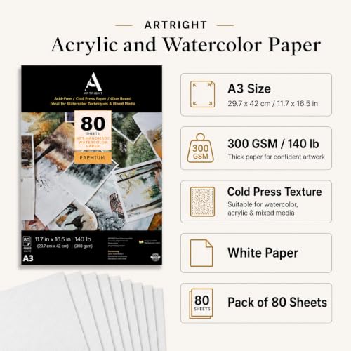 Image of ArtRight Artists' Acrylic Paper (A3 Pack of 80 Sheets, 300 GSM); 300 GSM Handmade Sheets for Gouache & Mixed Media Paintings